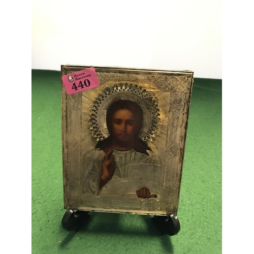 440 - EARLY RUSSIAN LOW GRADE SILVER CHURCH ICON C1800 - 15CMS X 18CMS