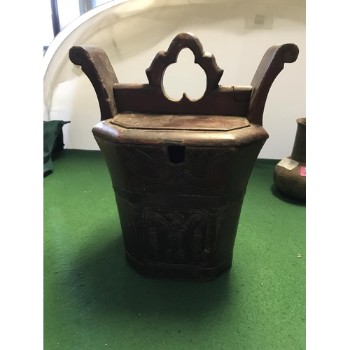 453 - LOVELY ANTIQUE CHINESE WOODEN TEA KETTLE BASKET WITH METAL STRAPPING & CARVED SLIDING LOCK 8 SIDED -... 