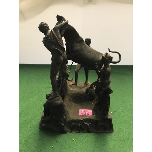 456 - VERY LARGE EARLY SPELTER FIGURE OF MEN WRANGLING A BULL - A/F - 24CMS SQUARE AT BASE - 30CMS H OVERA... 