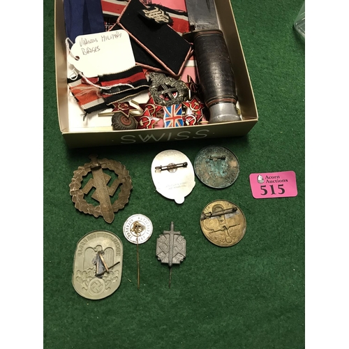 515 - BOX CONTAINING GERMAN TINNIES, BADGES - WW11 7 pre-war