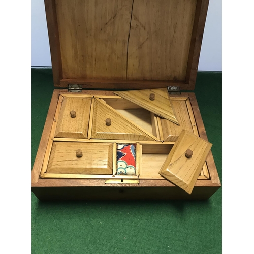 571 - VINTAGE WOODEN SEWING BOX WITH SECTIONAL COMPARTMENTS INSIDE - 24CMS X 17CMS X 9CMS