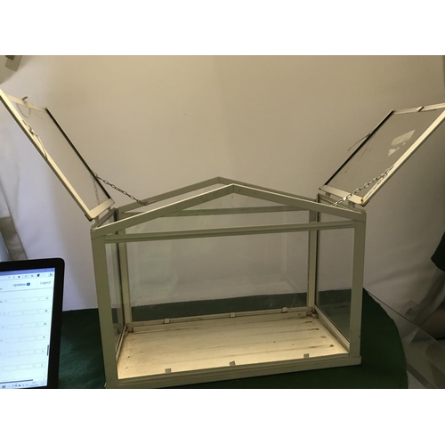 588 - SMALL METAL & PLASTIC GREENHOUSE FOR DECORATION WITH OPENING ROOF - 45CMS W X 34CMS H