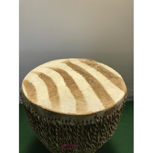 601 - TRIBAL DRUM WITH ANIMAL SKIN TOP - 36CMS H X 32CMS DIAM