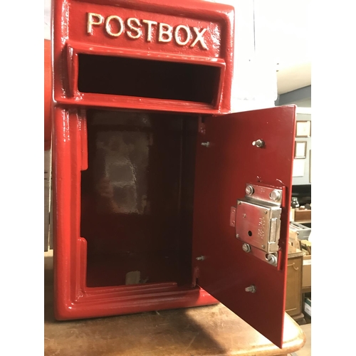 603 - HEAVY RED METAL POST BOX WITH KEY - 25CMS W X 42CMS H X 26CMS D