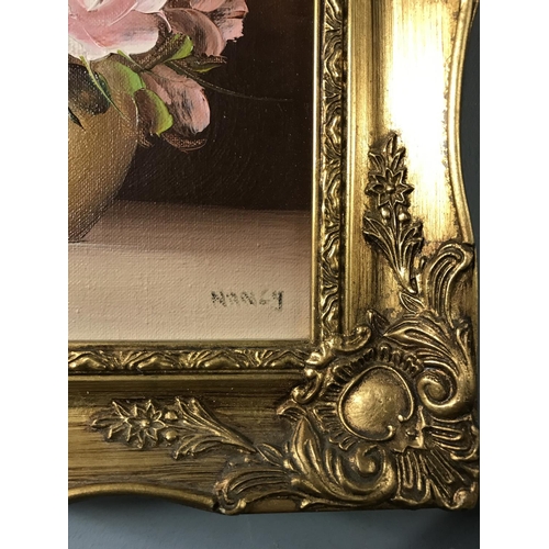 678 - ORNATE FRAMED PICTURE OF FLOWERS SIGNED NANCY