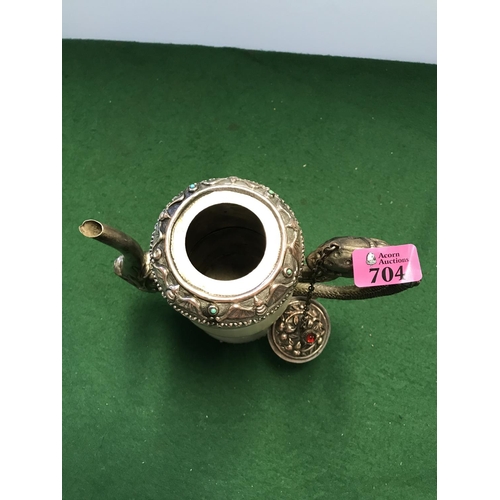 704 - BEAUTIFUL VERY ORNATE ORIENTAL TEAPOT DECORATED WITH DRAGONS AND TURQOUISE STONES & OTHER STONES - 1... 