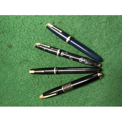 105 - 3 X VINTAGE PARKER FOUNTAIN PENS WITH 14CT GOLD NIBS AND 1 X UNMARKED FOUNTAIN PEN