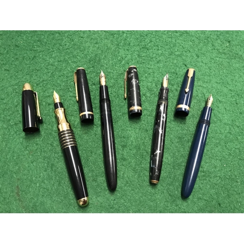 105 - 3 X VINTAGE PARKER FOUNTAIN PENS WITH 14CT GOLD NIBS AND 1 X UNMARKED FOUNTAIN PEN