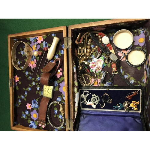 106 - JEWELLERY BOX WITH CONTENTS INC WATCHES AND QTY OF VINTAGE BROOCHES ETC