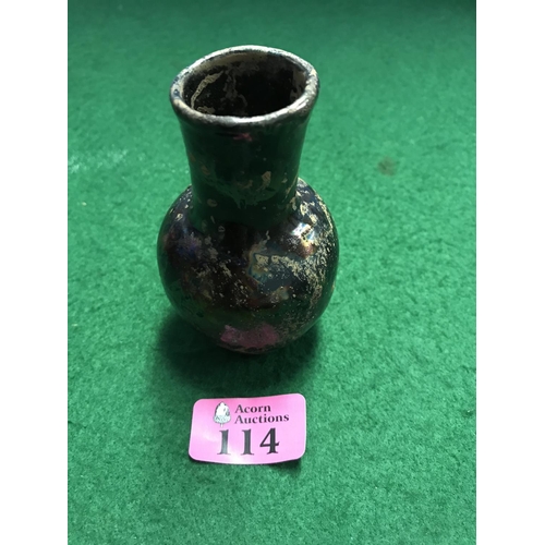 114 - THOUGHT TO BE 3RD CENTURY ROMAN GLASS VESSEL  - PROBABLY FOR OINTMENT/OIL - 10CMS H