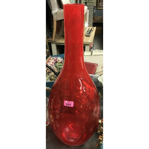 309 - VERY TALL RED GLASS VASE - 71CMS H