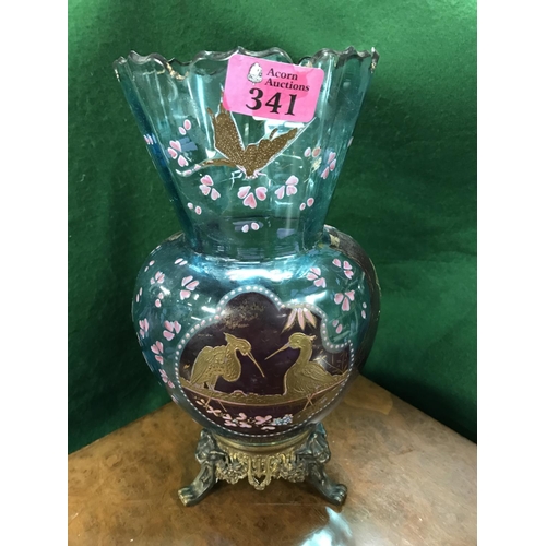 341 - LOVELY EARLY BLUE GLASS VASE DECORATED WITH BIRDS AND FLOWERS & A FLUTED TOP ON GILT LEGS - 26CMS H