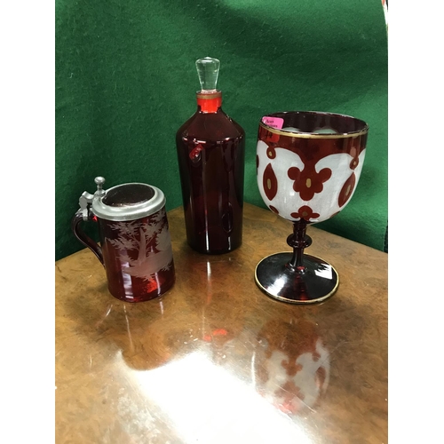 344 - LOVELY RED GLASS BOTTLE WITH STOPPER, RED & WHITE GLASS GOBLET & MARY GREGORY ? GLASS STEIN