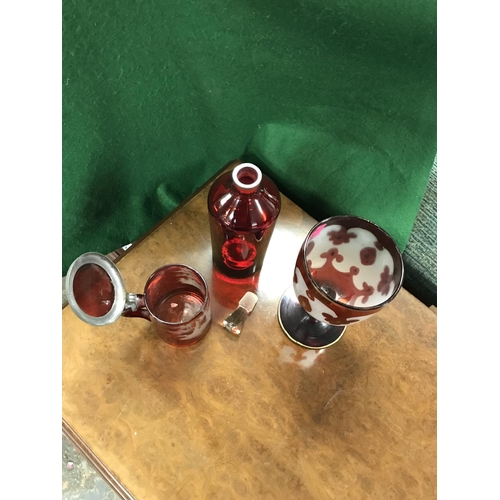 344 - LOVELY RED GLASS BOTTLE WITH STOPPER, RED & WHITE GLASS GOBLET & MARY GREGORY ? GLASS STEIN