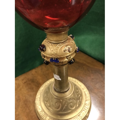 349 - UNUSUAL RED GLASS & GILT JEWELLED METAL GOBLET - 27CMS H