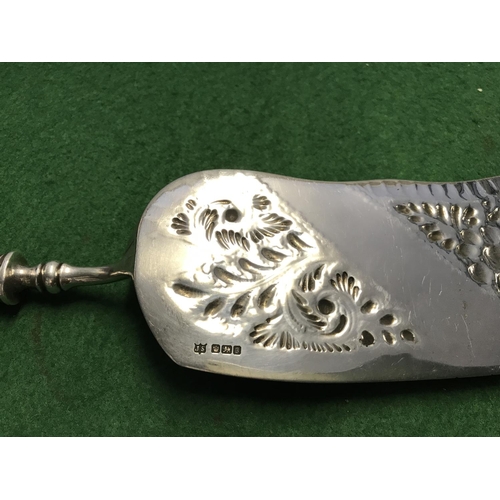 62 - LOVELY ORNATE SILVER HALLMARKED SCOOP WITH BONE HANDLE - 34.5CMS LONG