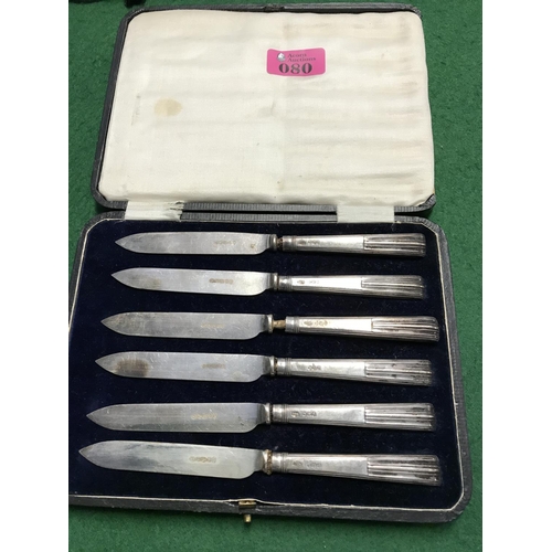 80 - VINTAGE CASED SET OF KNIVES WITH SILVER HALLMARKED HANDLES