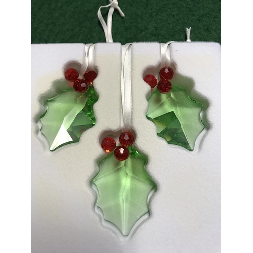 87 - BOXED SET OF 3 SWAROVSKI HOLLY LEAVES WITH RED BERRIES