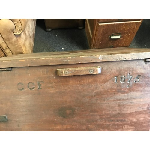 003 - EARLY WOODEN TRAVEL TRUNK DATED 1875 WITH METAL BANDING AND FITTING - VERY HEAVY - 76CMS X 53CMS X 4... 