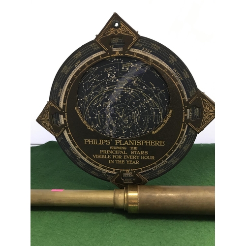 363 - EARLY 4 DRAWER BRASS TELESCOPE & PLANISPHERE