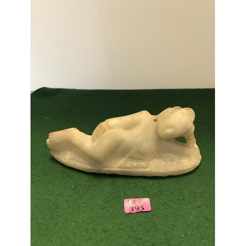 395 - EARLY CARVED DEITY FIGURE PROBABLY ALABASTER - 28CMS X 11CMS