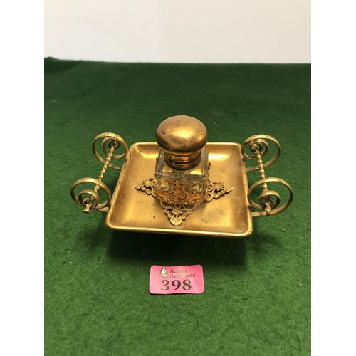 398 - LOVELY VINTAGE ORNATE GILT METAL INKWELL - 15CMS X 10CMS H