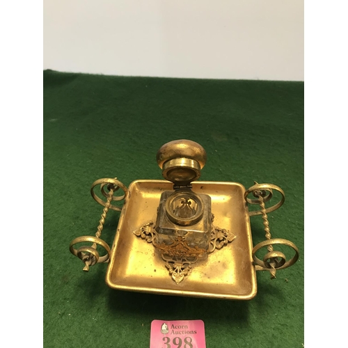 398 - LOVELY VINTAGE ORNATE GILT METAL INKWELL - 15CMS X 10CMS H