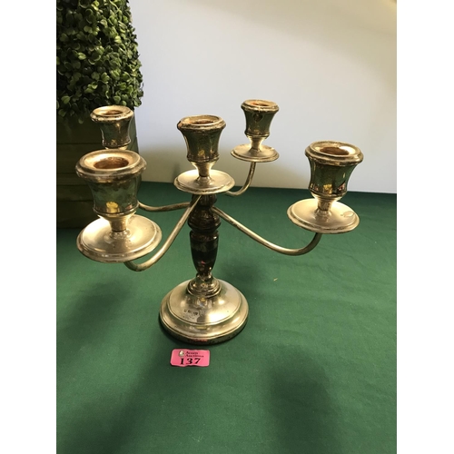 137 - LOVELY 4 BRANCH HALLMARKED SILVER CANDELABRA - WEIGHT 773GRMS OVERALL - POSSIBLY WEIGHTED BASE