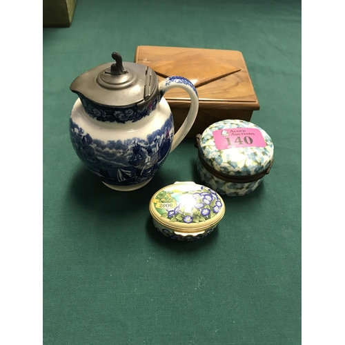 140 - LOVELY HALCYON DAYS TRINKET POT, SMALL WEDGWOOD JUG, WOODEN BOX & TRINKET BOX