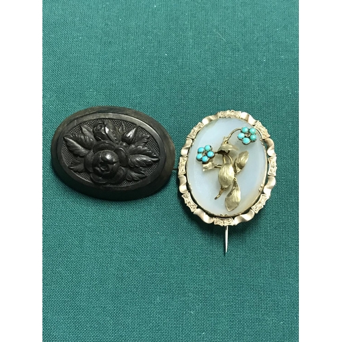 144 - VICTORIAN BROOCH AND EARLY PRETTY BROOCH SET TURQUOISE STONES UNMARKED BUT TESTS 18CT GOLD