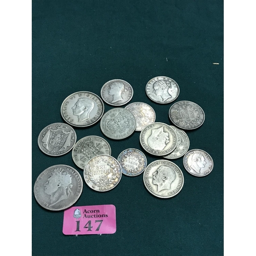 147 - QTY OF SILVER & PART SILVER BRITISH COINS INC CROWNS, RUPEES, HALF CROWNS ETC - WEIGHT 206GRMS