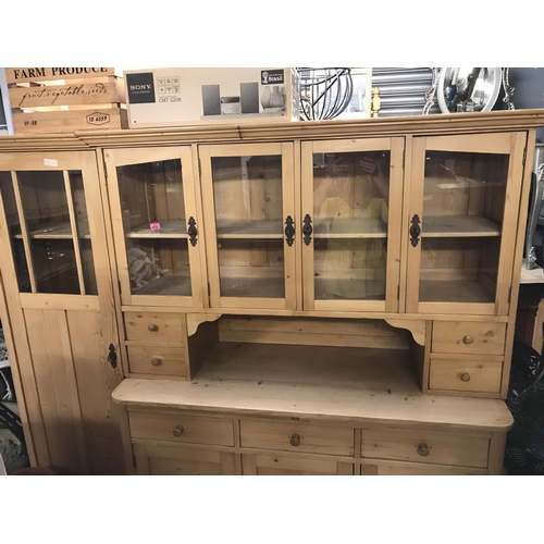 30 - LARGE FARMHOUSE PINE UNIT WITH DRAWERS, CUPBOARDS & GLAZED CUPBOARDS - OVERALL LENGTH 210CMS X 60CMS... 