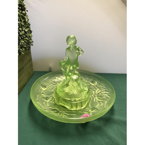 319 - URANIUM GLASS VINTAGE CENTRE PIECE AND LADY - 28CMS H