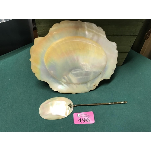 496 - ORNATE MOTHER OF PEARL DISH & SPOON