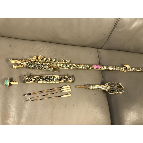 497 - FABULOUS ORIENTAL CARVED BONE BLOW PIPE WITH QUIVER TO MATCH & DARTS - OVERALL LENGTH 130CMS