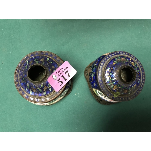 517 - PAIR OF EARLY ORIENTAL ENAMEL POTS - INKWELLS / CANDLE HOLDERS - 9CMS H