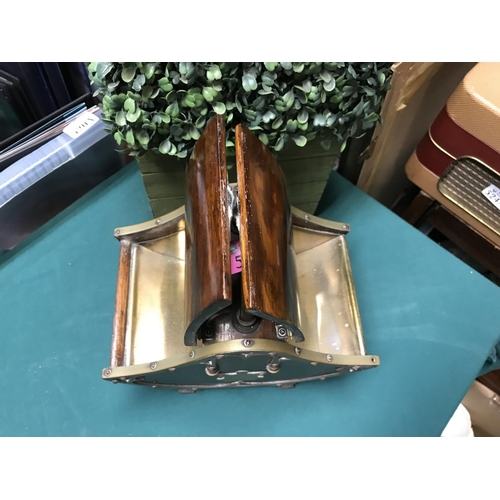 523 - BEAUTIFUL EARLY CADDY WITH HIGHLY POLISHED WOOD AND BRASS DETAIL WITH 2 OPENING DOORS TO TOP - 25CMS... 