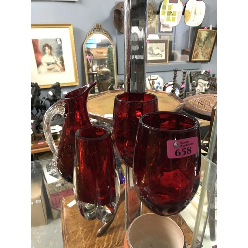 658 - 4 X RED GLASS ITEMS - POSSIBLY WHITEFRIARS