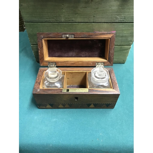 663 - EARLY WOODEN BOX WITH 2 X SCENT BOTTLES - 1 X MISSING - 13CMS X 8CMS