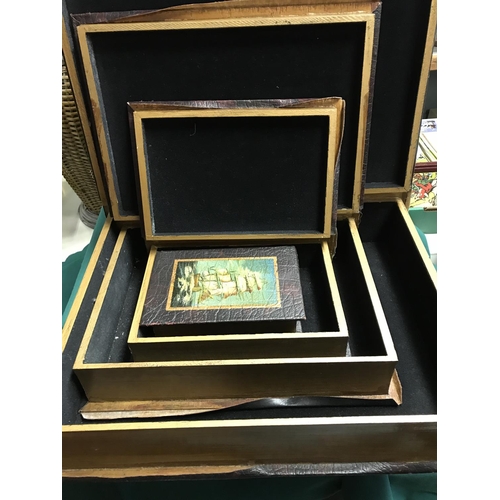 680 - 5 X LOVELY GRADUATED BOXES IN THE FORM OF BOOKS WITH SEASCAPE SCENE TO FRONT  - LARGEST 38CMS X 50CM... 