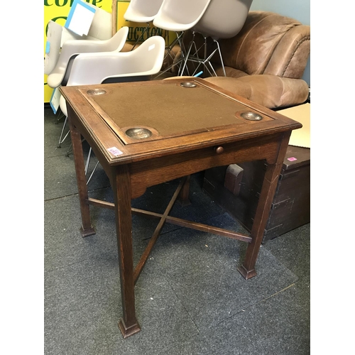 693 - EARLY GAMES TABLE WITH FLIP OVER TOP WITH COPPER COIN DEPRESIONS - 60CMS SQUARE - COLLECTION