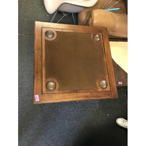 693 - EARLY GAMES TABLE WITH FLIP OVER TOP WITH COPPER COIN DEPRESIONS - 60CMS SQUARE - COLLECTION