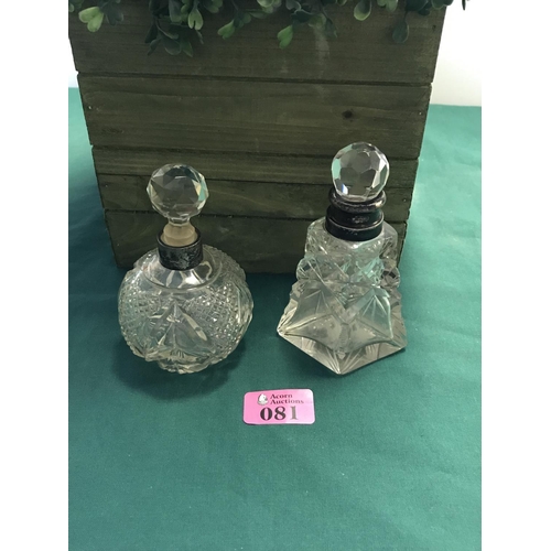81 - 2 X GLASS VINTAGE SCENT BOTTLES WITH HALLMARKED SILVER COLLARS - 14CMS & 13CMS H