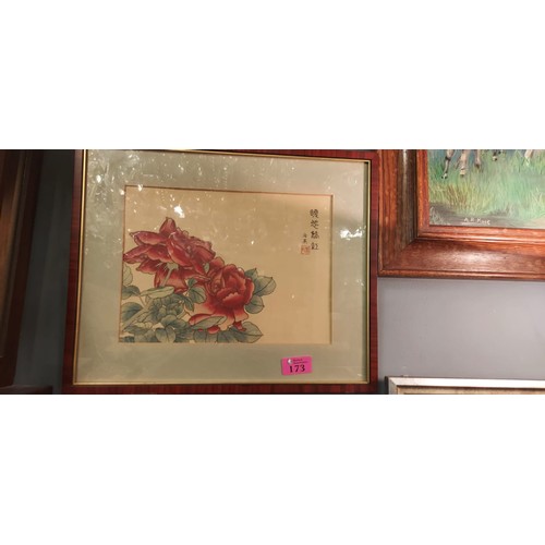 173 - FRAMED & GLAZED ORIENTAL CHINESE SILK - SIGNED IN CHINESE - 39CMS X 32CMS