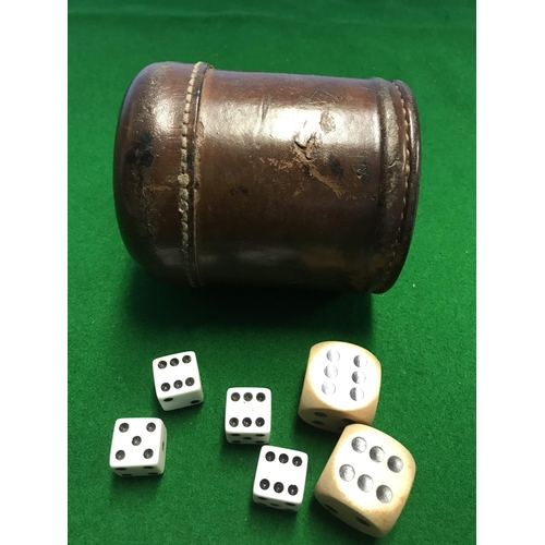 144 - NICE EARLY LEATHER DICE SHAKER WITH DICE - 11CMS H