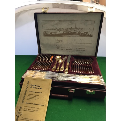 176 - BEAUTIFUL CASED  23-25 CARAT GOLD PLATED SOLINGEN CUTLERY SET IN RED CASE WITH CERTIFICATE