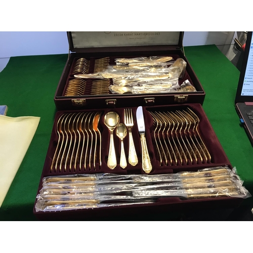 176 - BEAUTIFUL CASED  23-25 CARAT GOLD PLATED SOLINGEN CUTLERY SET IN RED CASE WITH CERTIFICATE