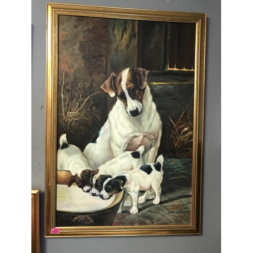 18 - LOVELY FRAMED OIL ON CANVAS OF MOTHER & PUPPIES 