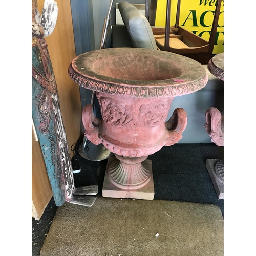 19 - VERY, VERY HEAVY LARGE EARLY TERRACOTTA GARDEN URN WITH ORNATE HANDLES TO SIDE - STAND 80CMS H X 65C... 