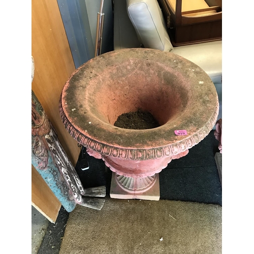 19 - VERY, VERY HEAVY LARGE EARLY TERRACOTTA GARDEN URN WITH ORNATE HANDLES TO SIDE - STAND 80CMS H X 65C... 